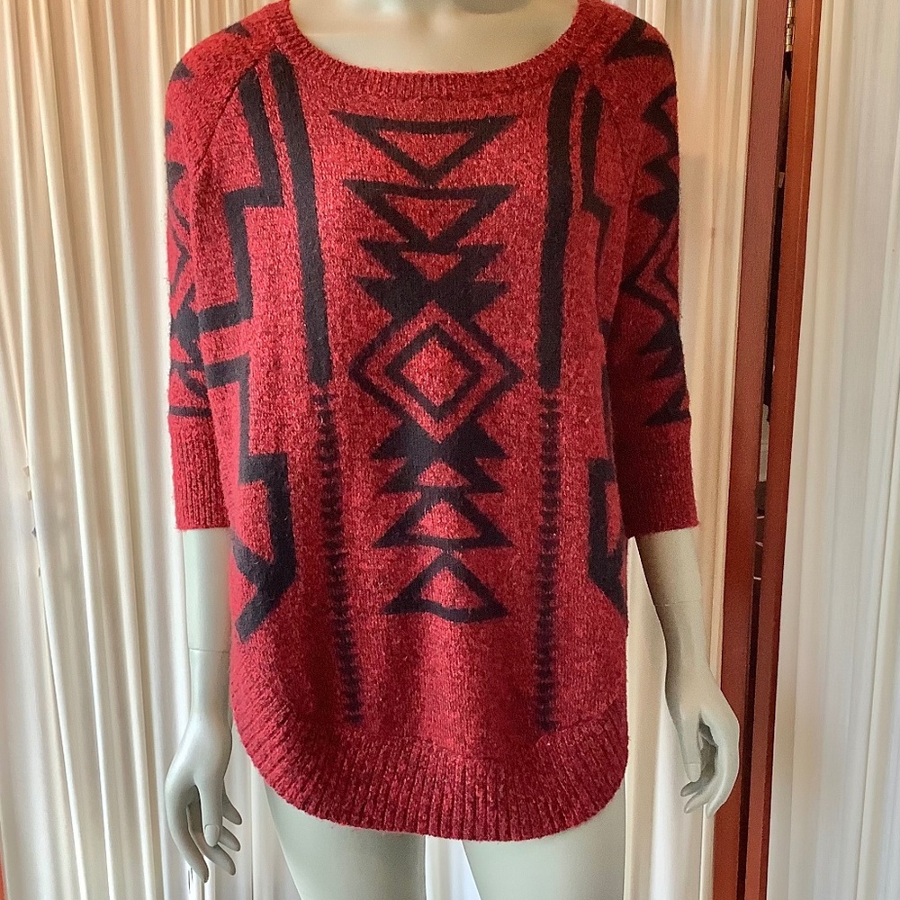 Express Women’s Sweater Red Aztec Geometric Wool Blend 3/4 Sleeve Size Small